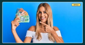 Call centre agent in Australia holding cash