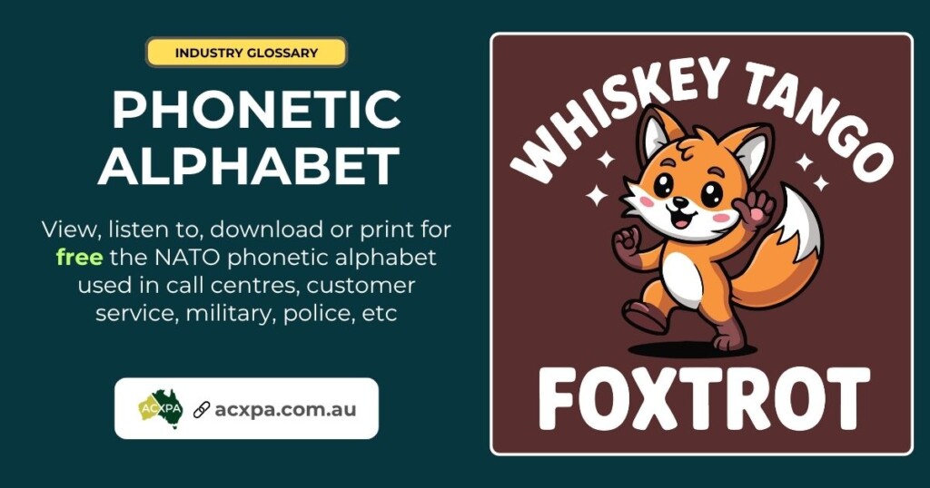 View, listen to or download the phonetic alphabet used in call centres or customer service including a PDF desktop guide to stick on your desk/monitor.