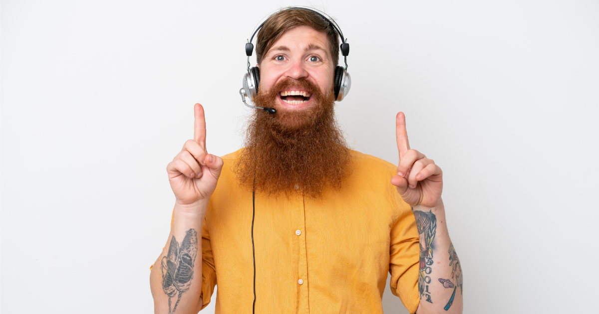 5 Tips to increase contact centre productivity featuring a call centre agent wearing a yellow top and pointing upwards