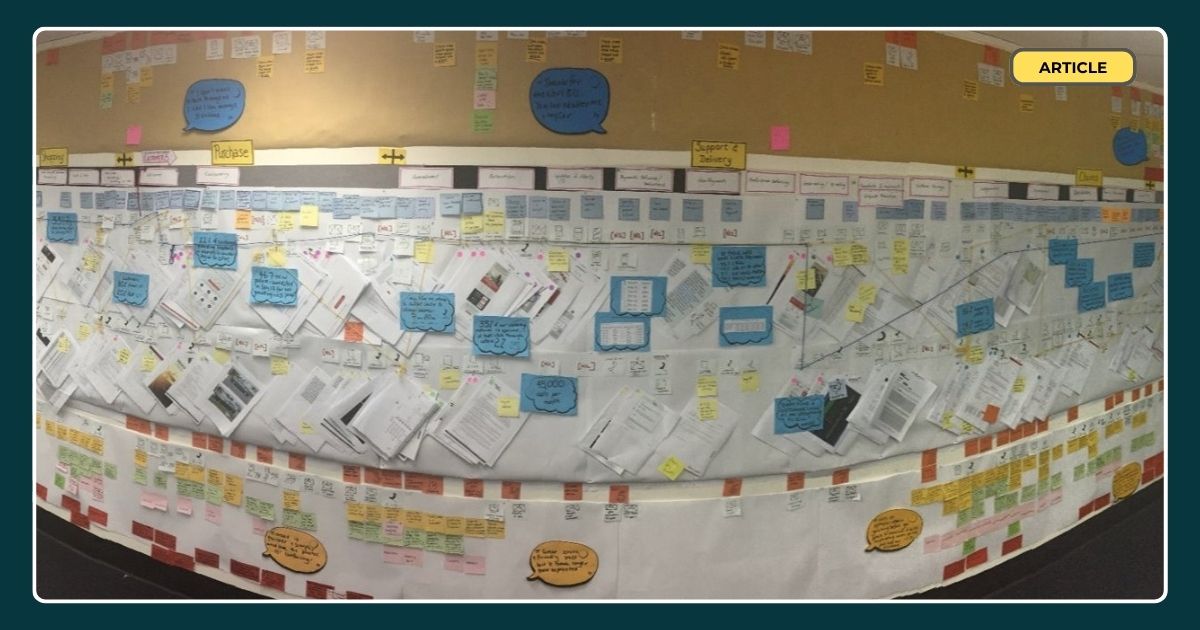 a wall from a customer journey mapping workshop with sticky notes all over the wall