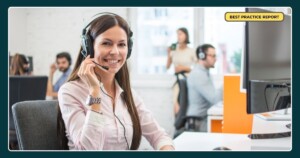 Call centre agent referring to the 2023 Australian Contact Centre Best Practice Report