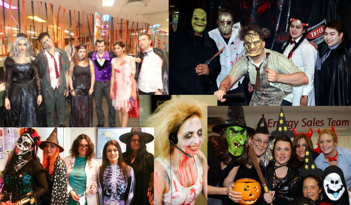 Contact Centres dress up days showing happy employees dressed up in Halloween costumes.