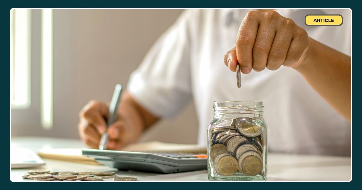 a person counting cost savings for customer service by putting coins in a jar