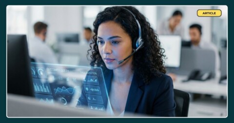 A contact centre agent with a digital screen in front of her