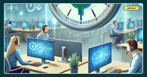 Call centre agents working under a giant clock