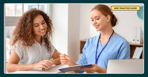 Receptionist providing customer service to a customer over the counter