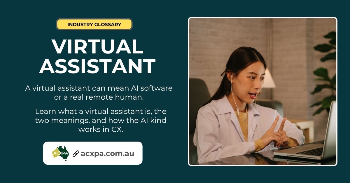 A virtual assistant in front of a laptop talking to a client